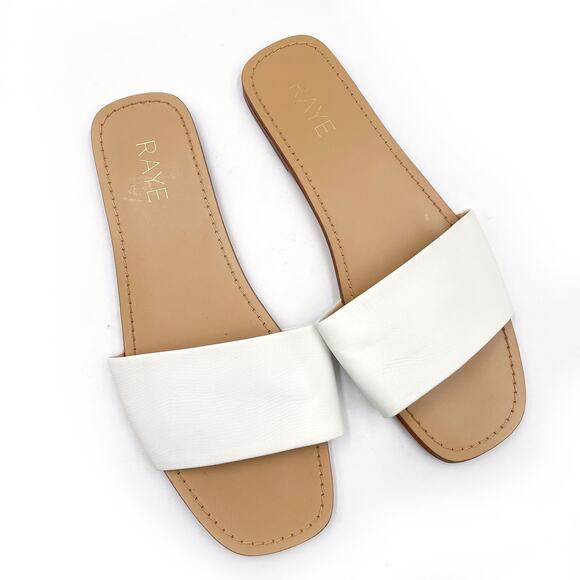 Raye Houston Sandals White Wide Strap Flat‎ Slides Leather Square Sz 8.5 - Picture 1 of 8